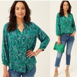 J. Jill MP Ruffled Satin A-Line Button Front Paisley Top Verdant Green